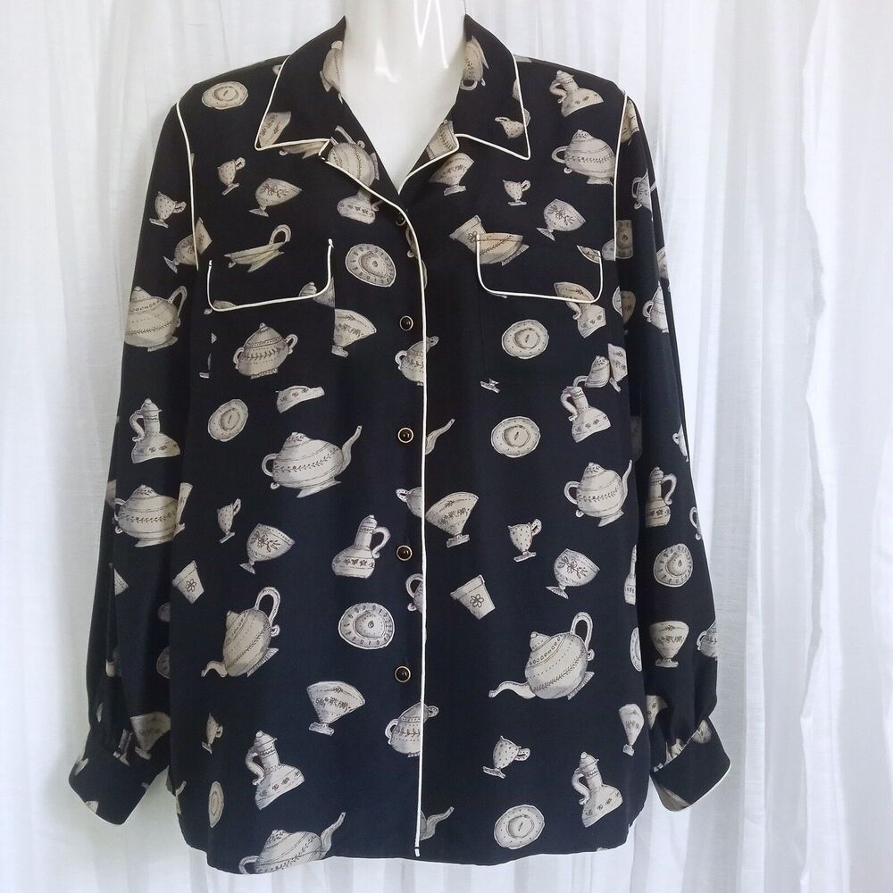Misho Silk Top Vintage Print Pots Plates SZ M Black Lavender Long Sleeve Buttons